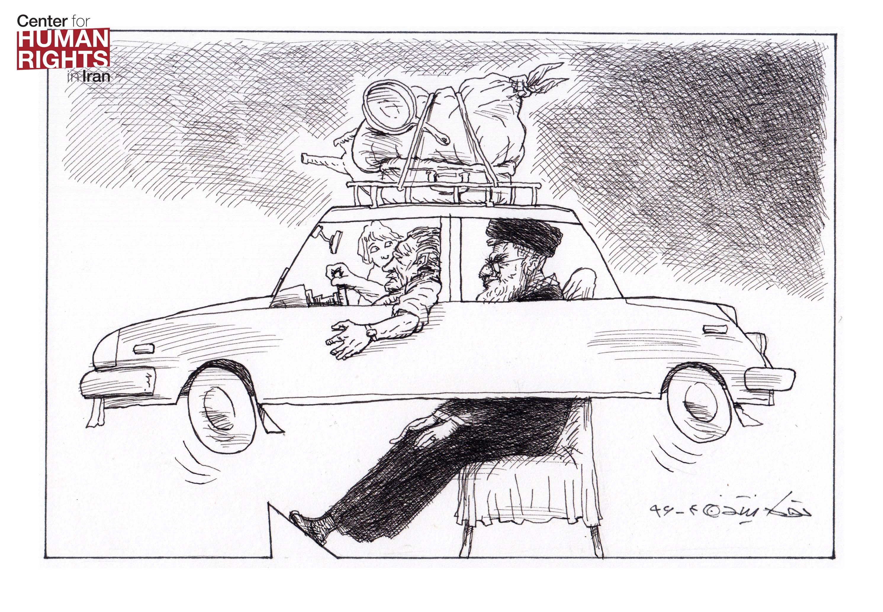 Cartoonist Touka Neyastani depicts the debate over whether women should be forced to wear hijabs in cars, which legal experts argue are private spaces and therefore not subject to Iran's mandatory hijab law. http://www.iranhumanrights.org/2017/07/contradictory-laws-exasperate-debate-over-iranian-womens-observance-of-hijab-in-cars/