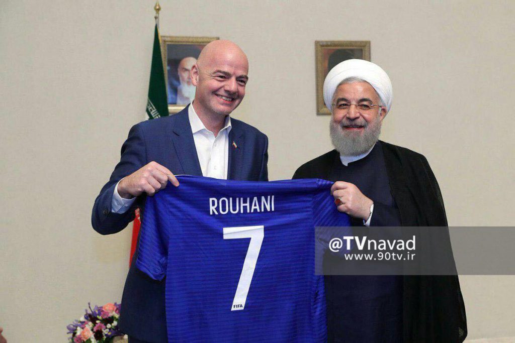FIFA President Gianni Infantino (left) with Iranian President Hassan Rouhani in Tehran on February 29, 2018.