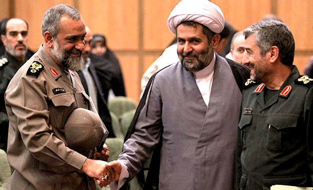 Rare archival photograph of three IRGC commanders (from left to right): Mohammad Reza Naghdi, Commander of IRGC's Basij paramilitary force; Hossein Taeb, Head of the IRGC's Intelligence Organization; and IRGC Commander Major General Mohammad Ali Jafari