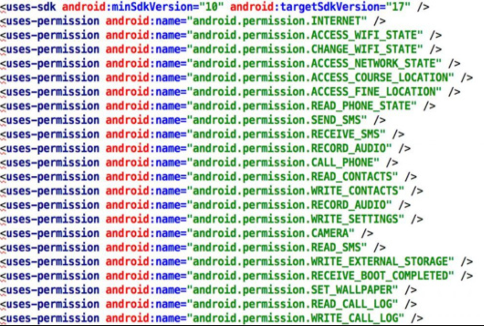 This image shows an Android malware analyzed by CHRI. This malware was used to attack a political activist in France.