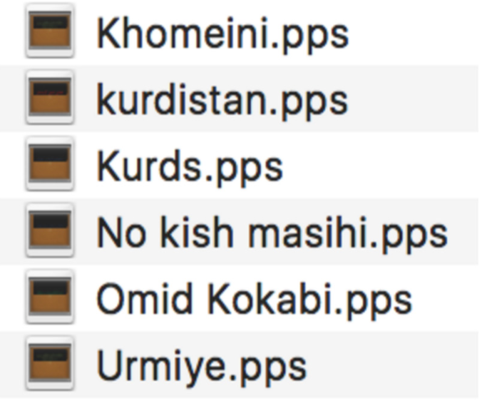 Examples of the PowerPoint files infected with the Key logger malware, received and investigated by CHRI.