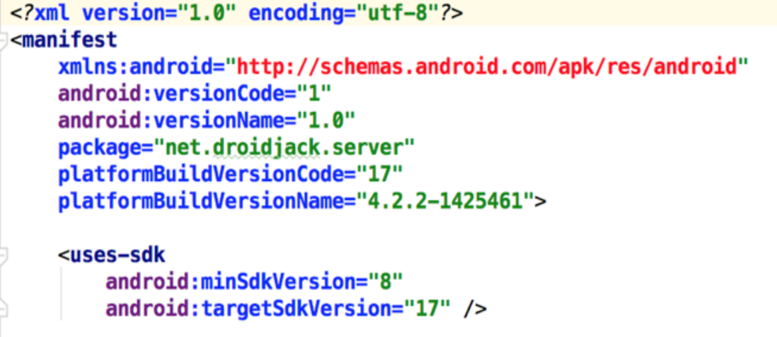 This image shows the configuration files of the malware CHRI has analyzed. The malware targeted a prominent political activist in Paris. The malware was created using DroidJack.
