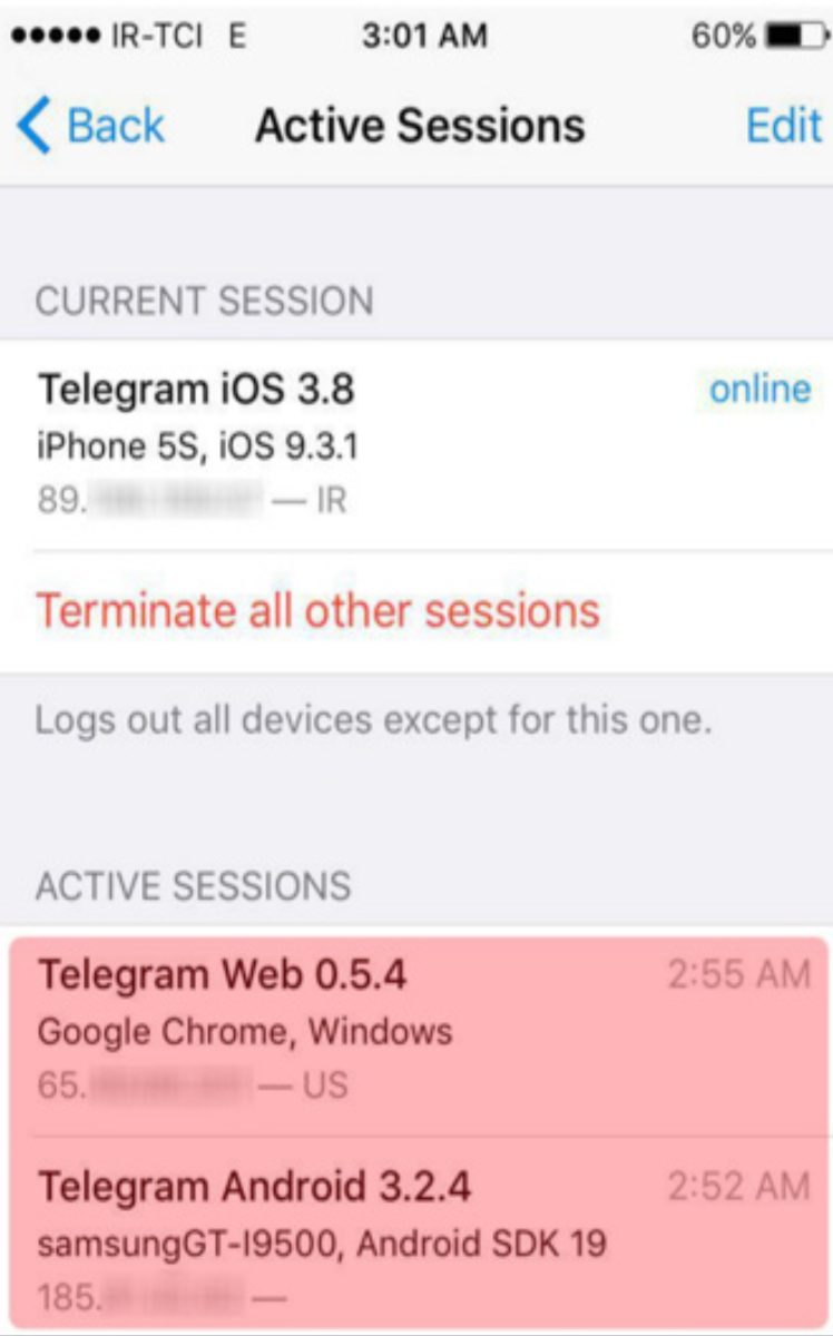 An example of unauthorized access to the Telegram account of a journalist in Iran, discovered and analyzed by CHRI.