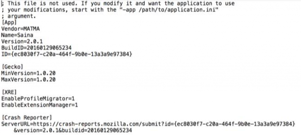 Image exhibits the configuration file of Saina browser, which shows Mozilla servers are still used for error reports